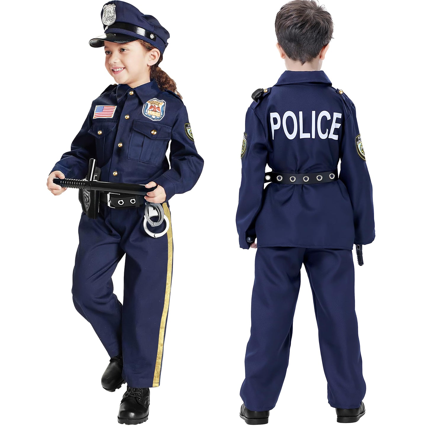 Joycover Police Officer Costume for Kids - Deluxe 13pcs Role Play Kit, L(8-10Y), Polyester, Boys & Girls Halloween Costume