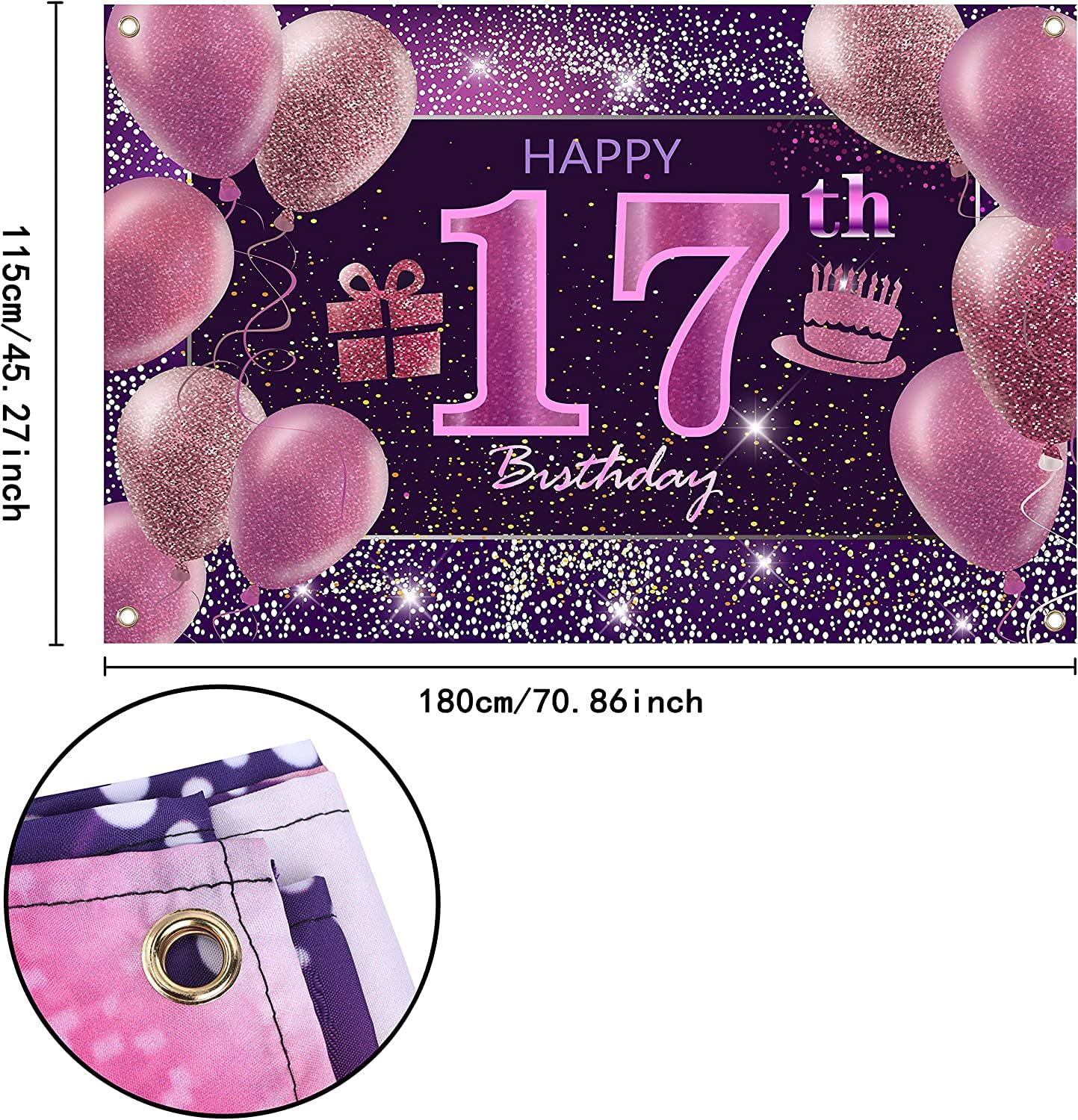 IMISI 17th Birthday Decorations - Pink Polyester Banner for Girls' Party
