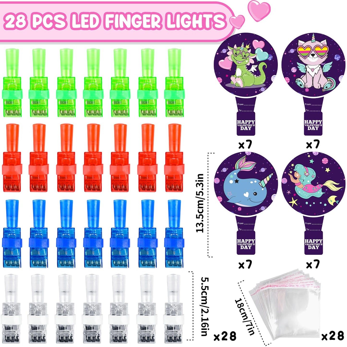 MOVINPE Valentines Day Exchange Gifts for Kids Classroom, 28 Packs Finger Lights with Valentines Cards - Light Up Finger Flashli
