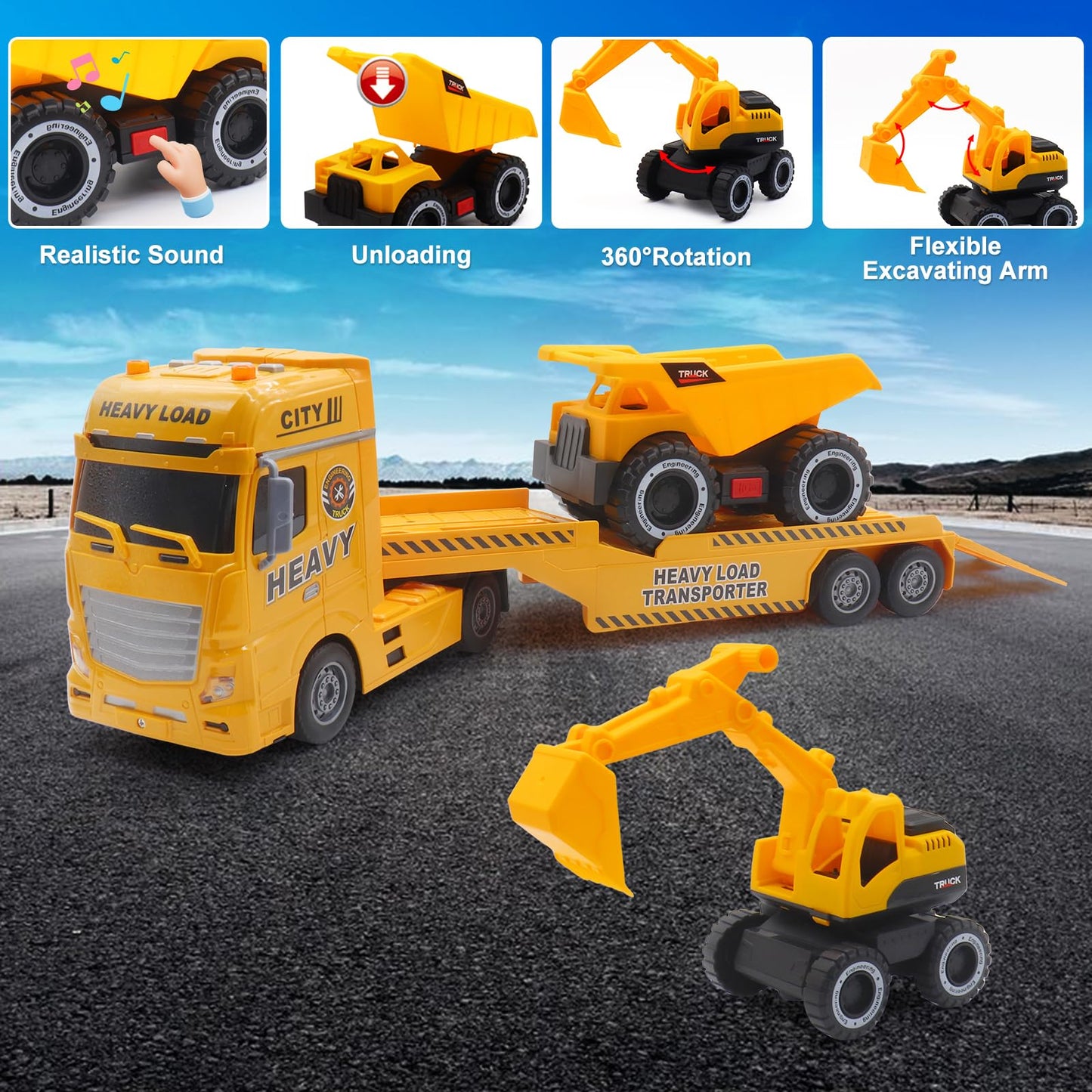 Yiwsnust Large Flatbed Semi Truck, 25.6 Large Army Truck Toy with Helicopter and Tank, Friction Powered Military Transport Truck