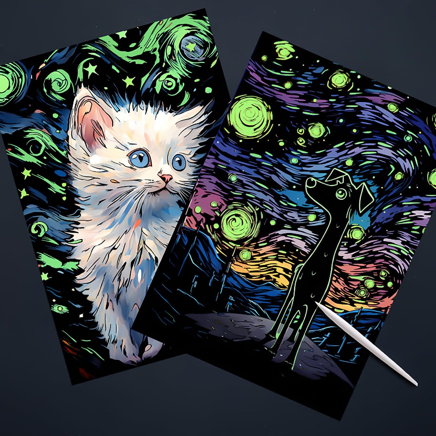 AP ARTSPER 2 Pack Night Glow Scratch Art Rainbow Painting Paper, Magic Glow-in-The-Dark Scraping, Van Gogh Style Creative Craft
