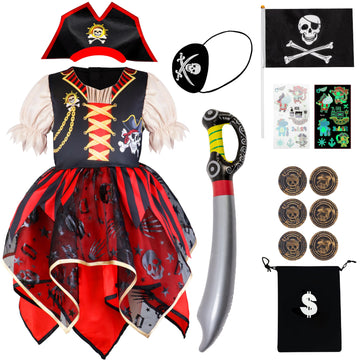 IKALI Girls Pirate Costume with Hat Accessories, Buccaneer Princess Fancy Dress Outfit for Kids 4-6 Years Themed Party Role Play