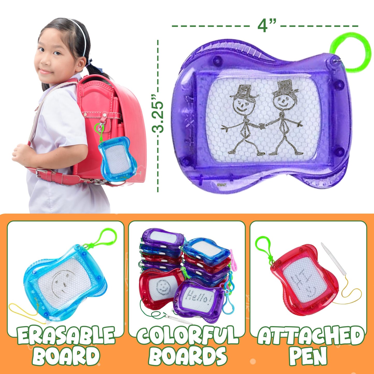 Bedwina Mini Magnetic Drawing Board For Kids - (Pack Of 12) Backpack Keychain Clip Drawing Boards, Erasable Doodle Sketch Writing Pad Boys & Girls, Birthday Kids Party Favors