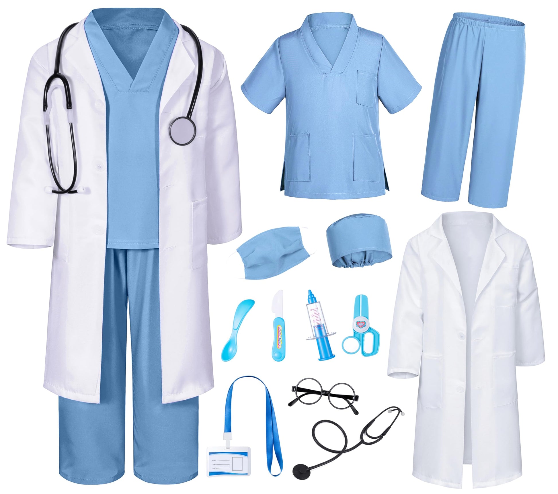 Doctor Costume For Kids Scrubs Pants With Accessories Set Children Party Cosplay Light Blue 3T-4T