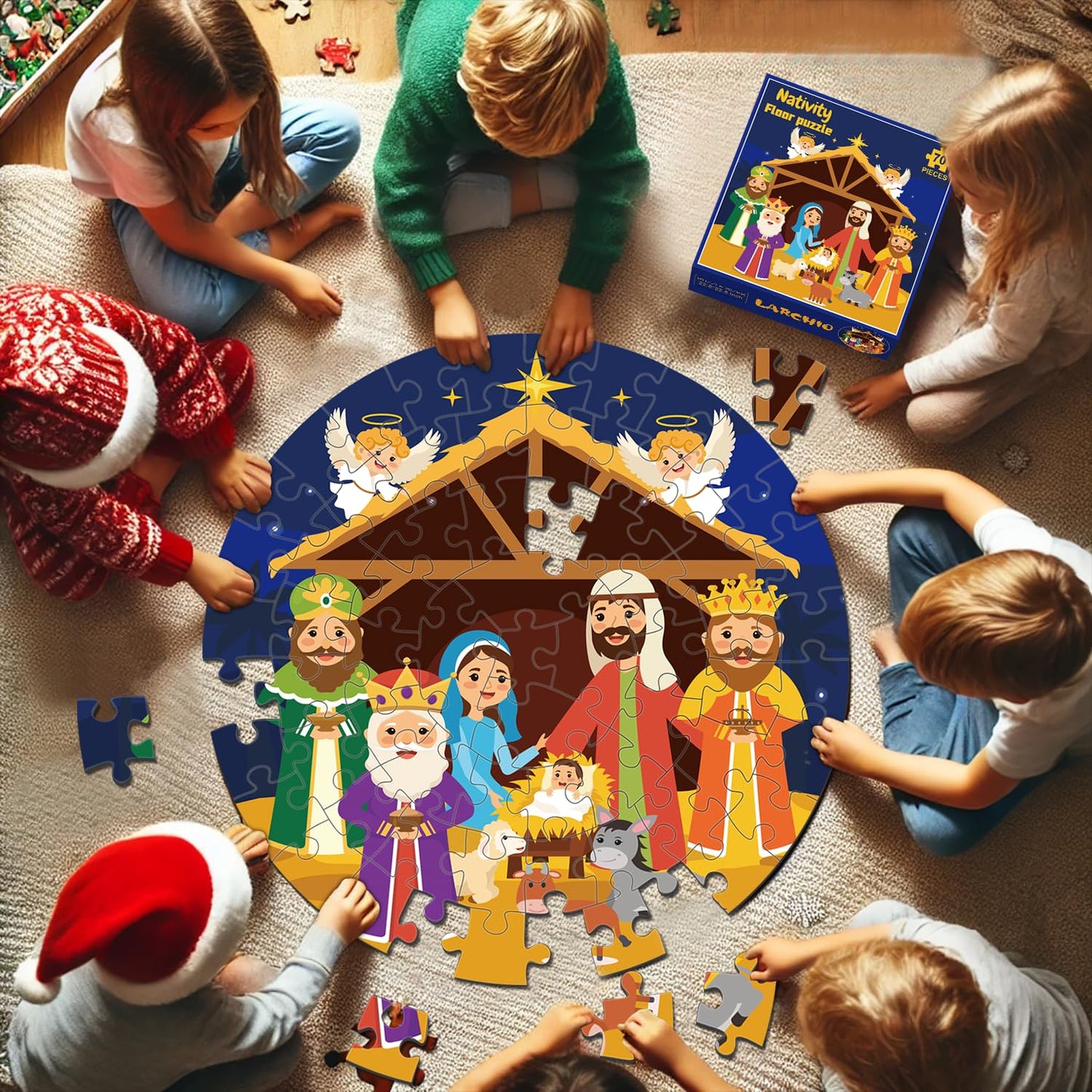 Nativity Scene Floor Puzzles For Kids Age 4-8, 70Pcs Large Christmas Nativity Jigsaw Puzzles Educational Kids Puzzles Ages 3-6 For Kids Boys Girls
