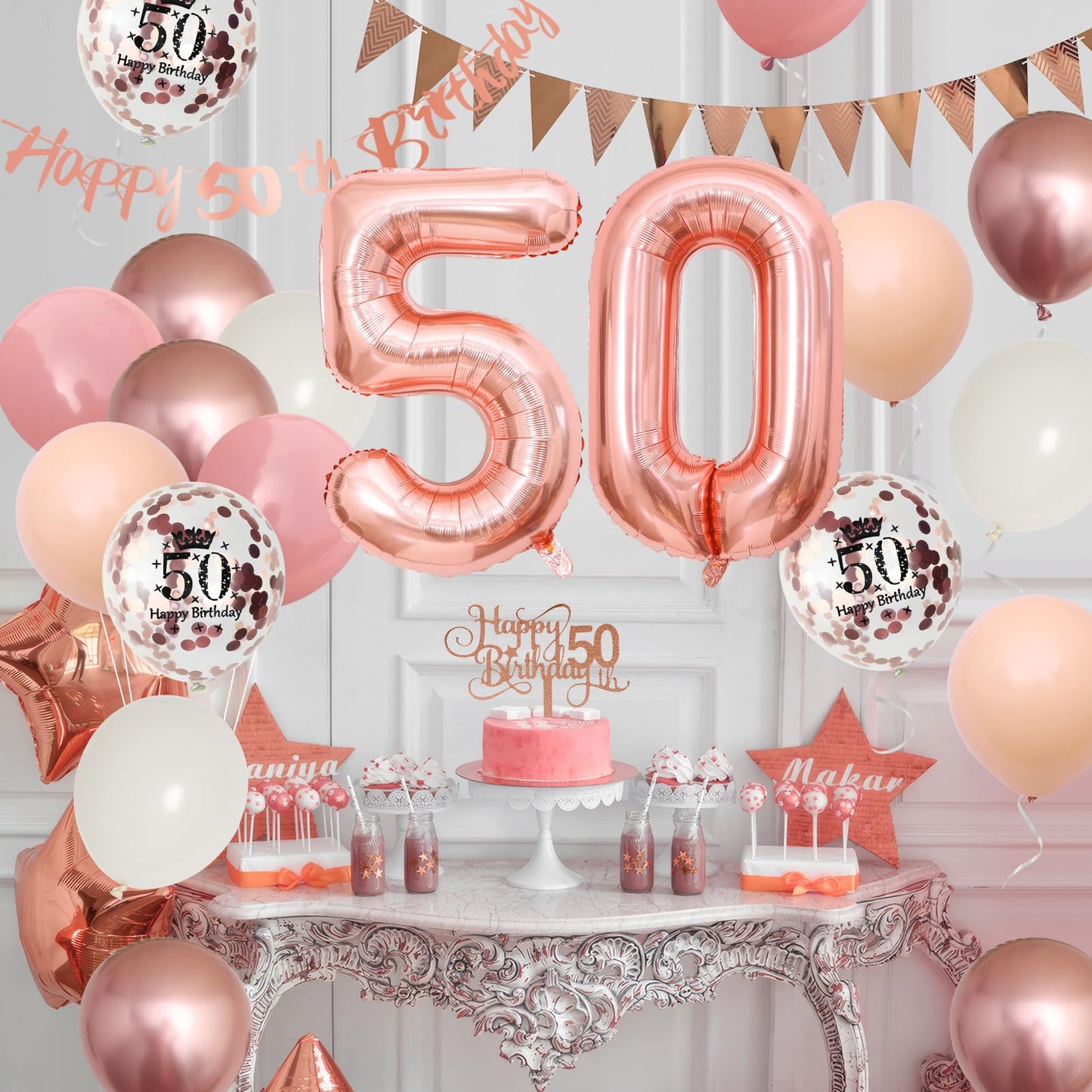 50Th Birthday Decorations Retro Pink Rose Gold,50Th Birthday Balloons,Happy 50Th Birthday Banner With Cake Toppers Rose Gold Num
