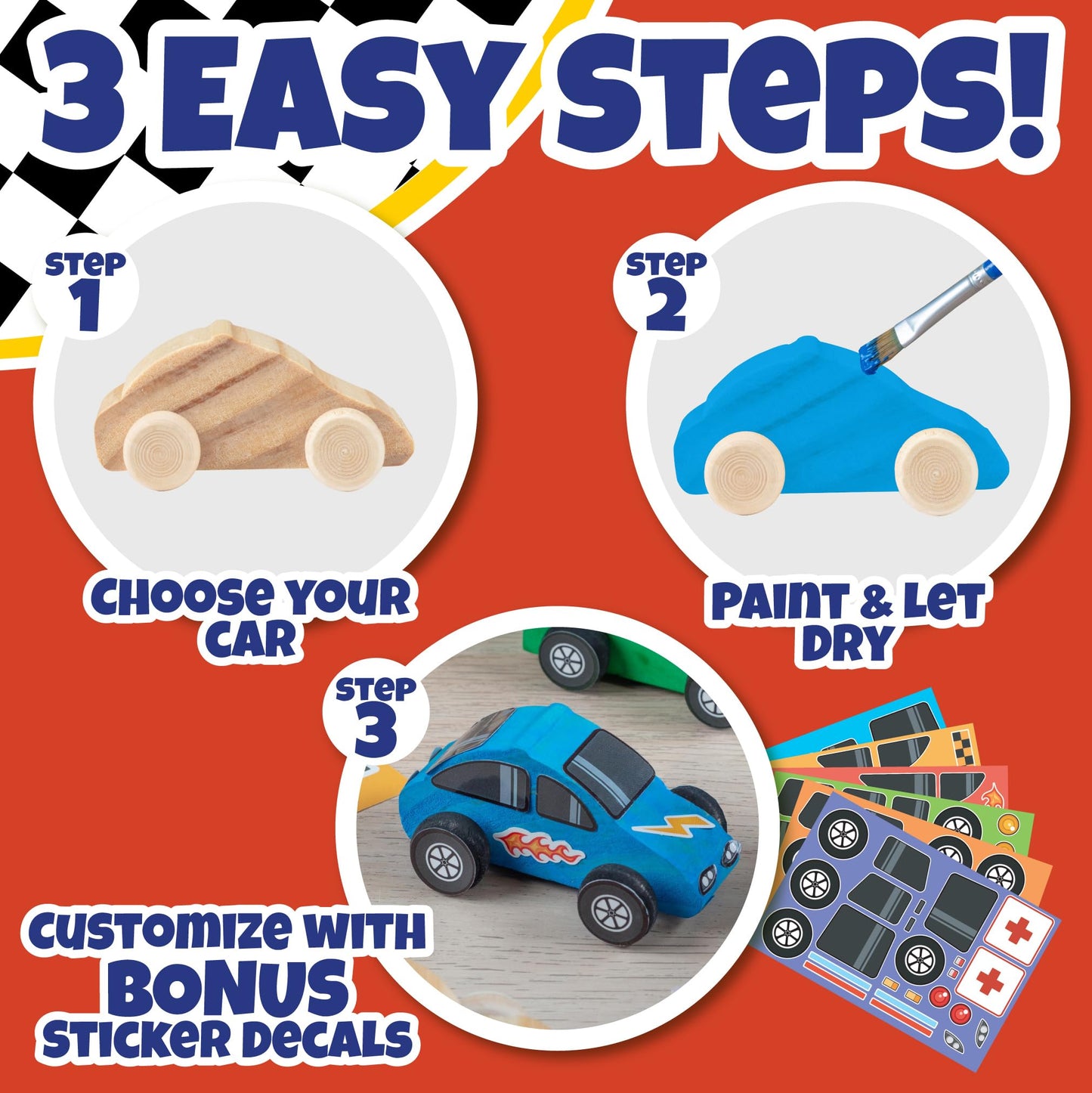 Kids Party Wood Painting Craft Kits (12ct) 3-D Cars - Each Kit Has its Own Brush, Paint, & Figure- 6 Designs Include Taxi, Truck