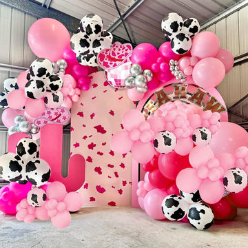Cowgirl Cow Balloons Garland Kit Hot Pink Silver Balloons 4D Balloons For Baby Shower Birthday Farm Western Cowgirl Disco Theme Party Supplies Decorations