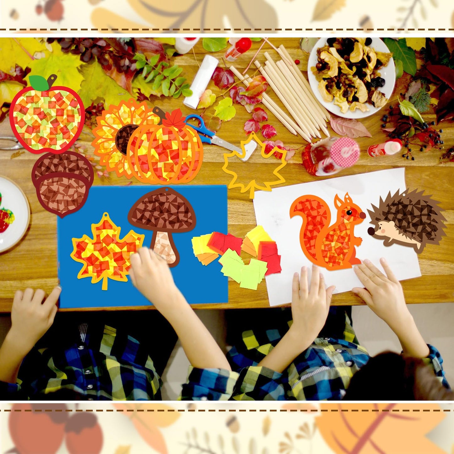 Funrous 32 Set Fall Suncatcher Craft Kit Autumn Harvest Suncatcher Paper Crafts with Tissue Paper DIY Window Stained Glass Effec