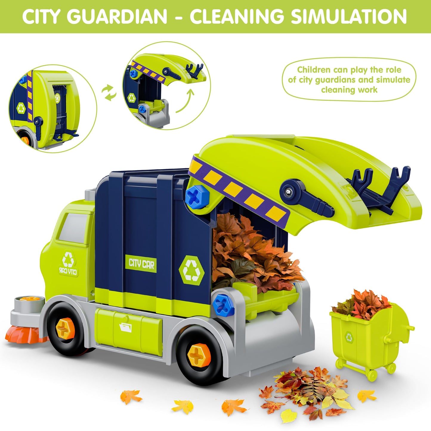 BASUN Take Apart Electric City Clean Truck Toy Set, STEM Plastic Toys for 3-8 Years, Green, DIY with Electric Drill