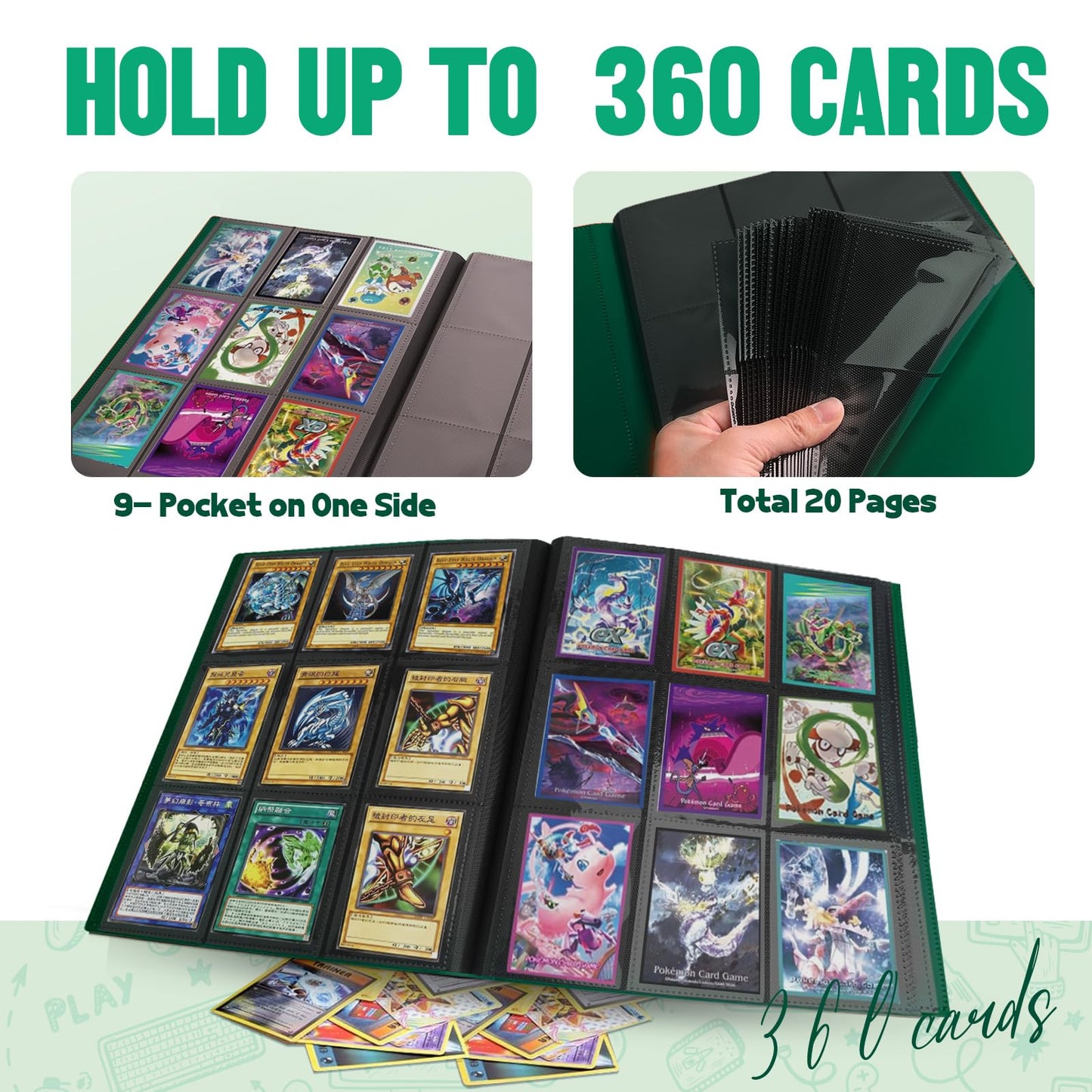Card Binder 9-Pockets Trading Card Binder 20 Pages  360 Card Capacity Collection Binder  Card Folder for MTG  TCG  Game Cards & Sports Cards (Green)