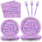 96PCS Purple Glitter Birthday Party Plates and Napkins Purple K-pop Tableware Party Paper Plates Glitter Disposable Dinnerware P
