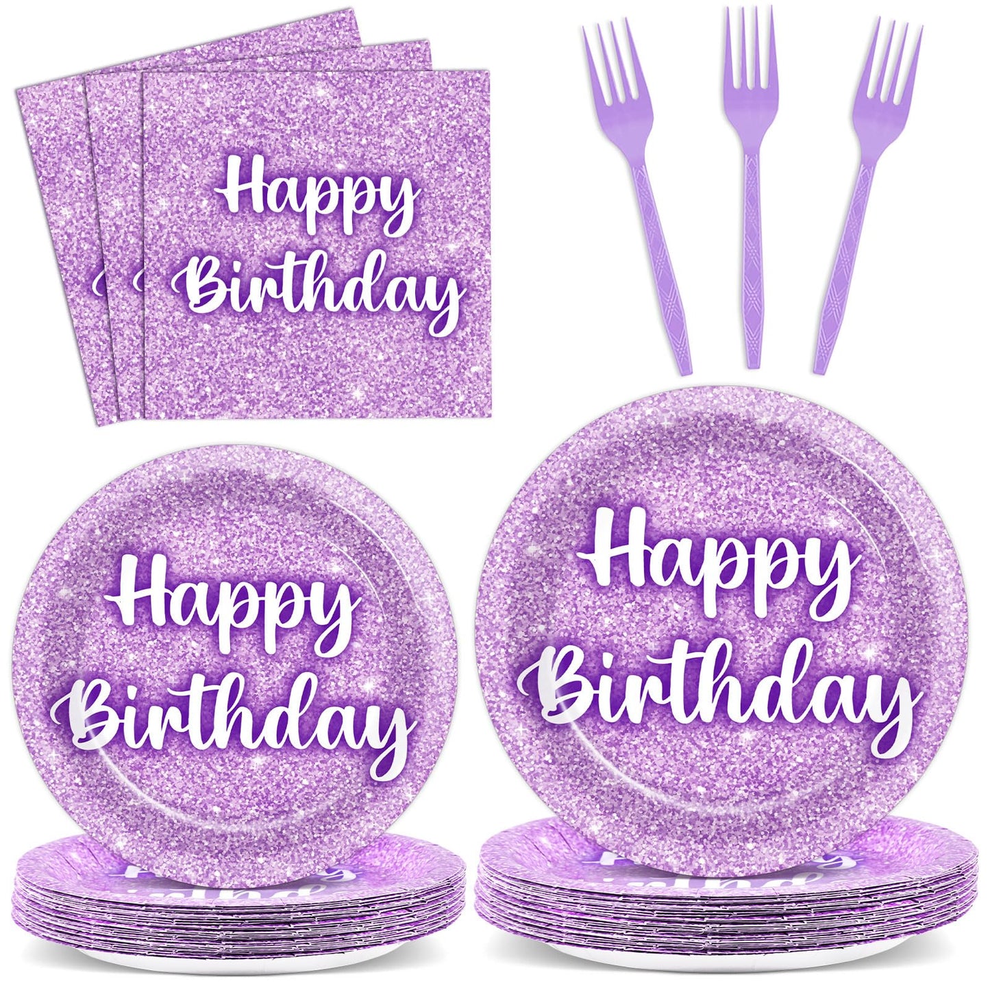 96PCS Purple Glitter Birthday Party Plates and Napkins Purple K-pop Tableware Party Paper Plates Glitter Disposable Dinnerware P