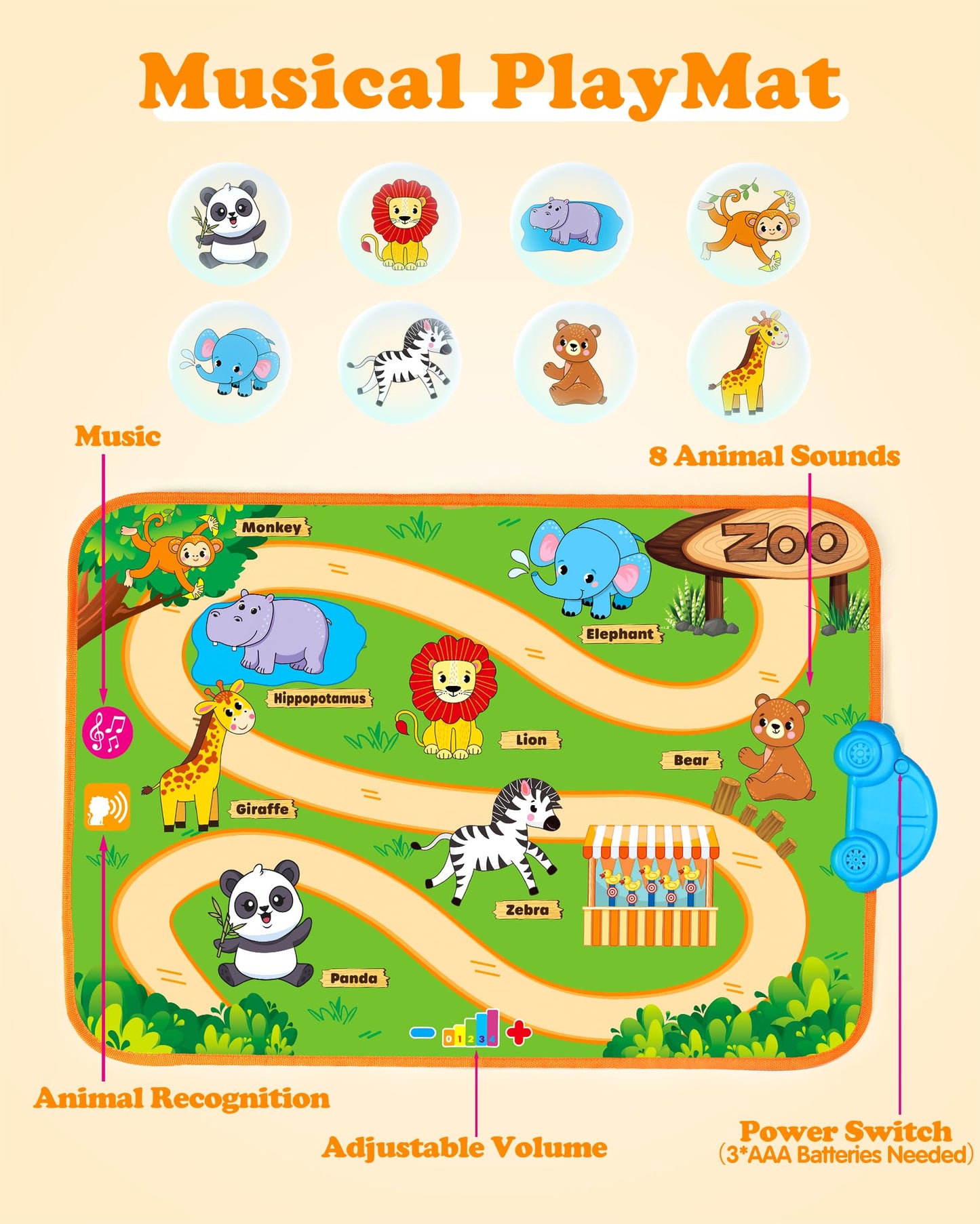 Helsort Baby Car Toys for 1 Year Old Boy with Musical Playmat, Animal Sounds and Pull Back Vehicles for Toddlers 1-3, Soft Baby
