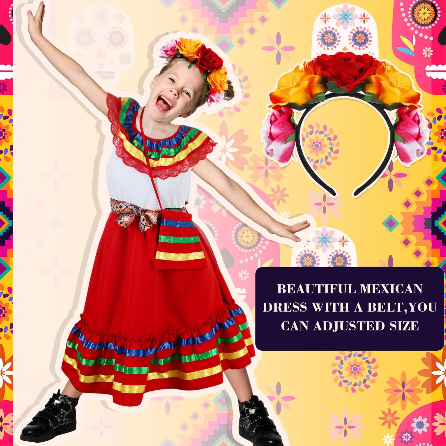 Funnysoft 6 Pcs Mexican Dress for Girls Traditional Cinco De Mayo Dress with Flower Headpiece Fiesta Dress Costume(for 4 Years)