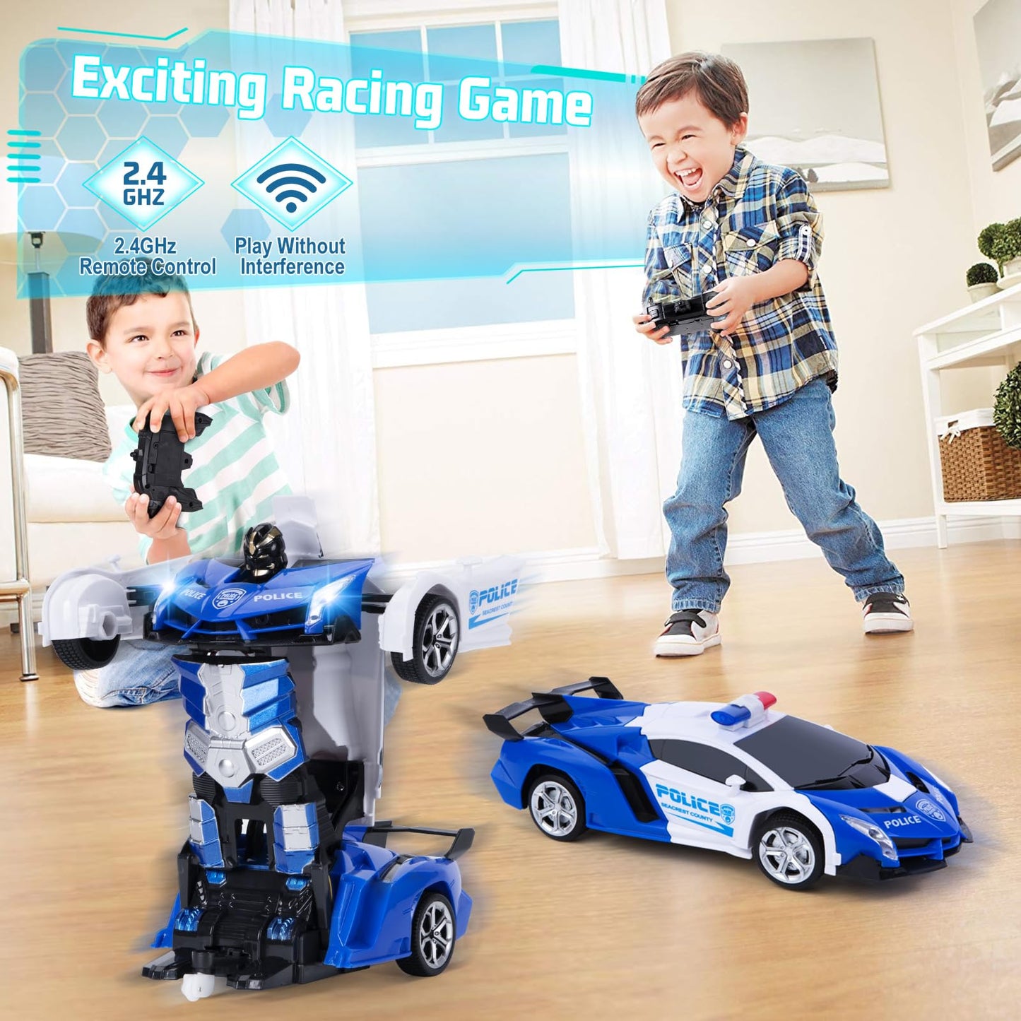 Wrystte Remote Control Police Car,Gesture Sensing Transform Robot 2.4G RC Cars Toys for Ages 4-12,Boy Toys with Light Music,One
