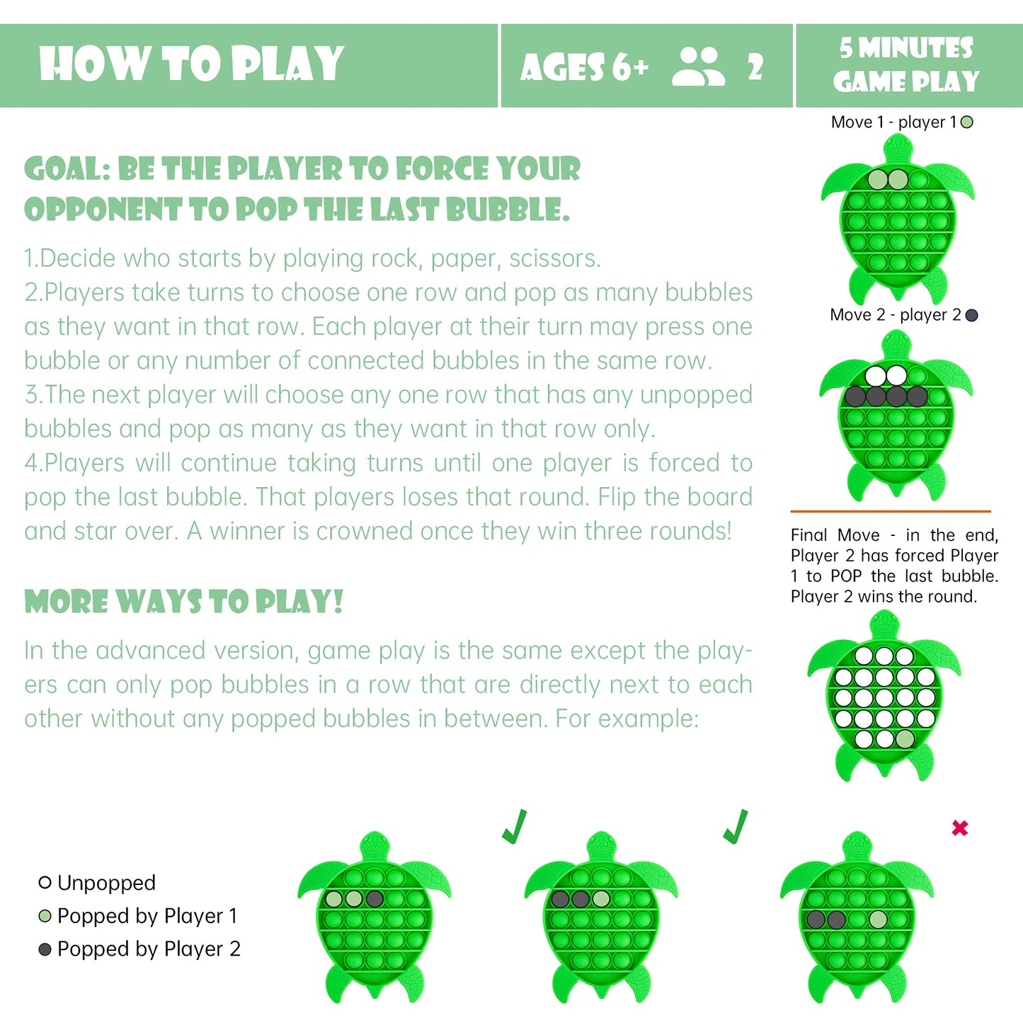 NiHealth Sea Turtle Fidget Toy - Silicone Sensory Popper Game for Kids & Adults, Green, Model NiHealth-0009