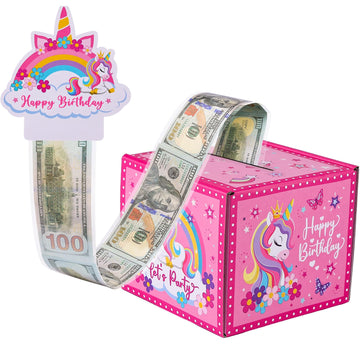 Meiidoshine Birthday Money Box For Cash Gift Pull, Pink Surprise Money Gift Boxes For Girls, Money Roll Box With 100Pcs Transparent Bags, A Fun And Loving Way To Gift Cash For Birthdays