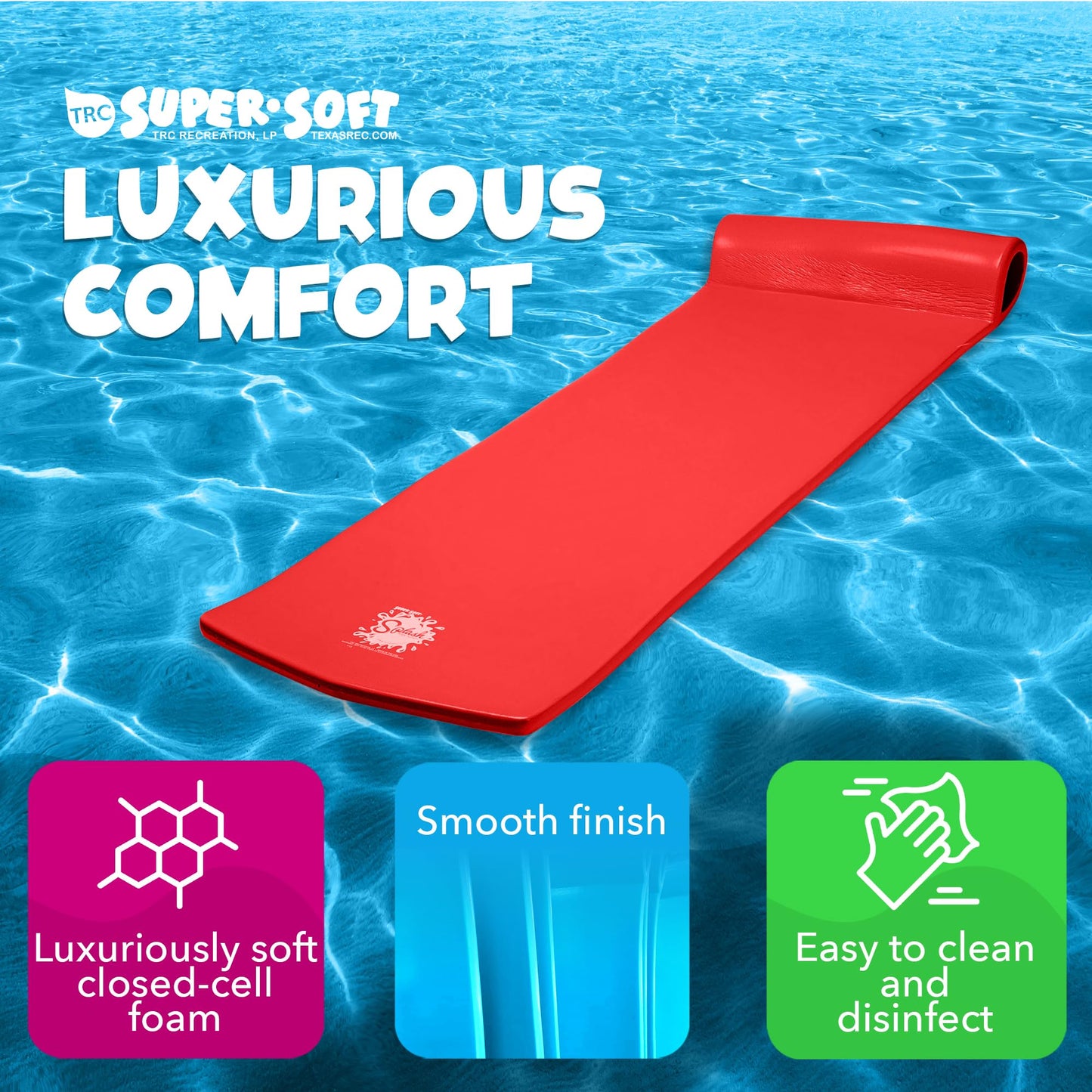 TRC Recreation Splash 1.25 Inch Thick Foam Outdoor Swimming Pool Float Mat Large mature-themed Lounger with Built-in Roll Pillow  Red
