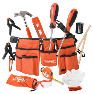 Hi-Spec 16pc Orange Kids Tool Kit Set & Child Size Tool Belt. Real Metal Hand Tools for DIY Building, Woodwork & Construction Le