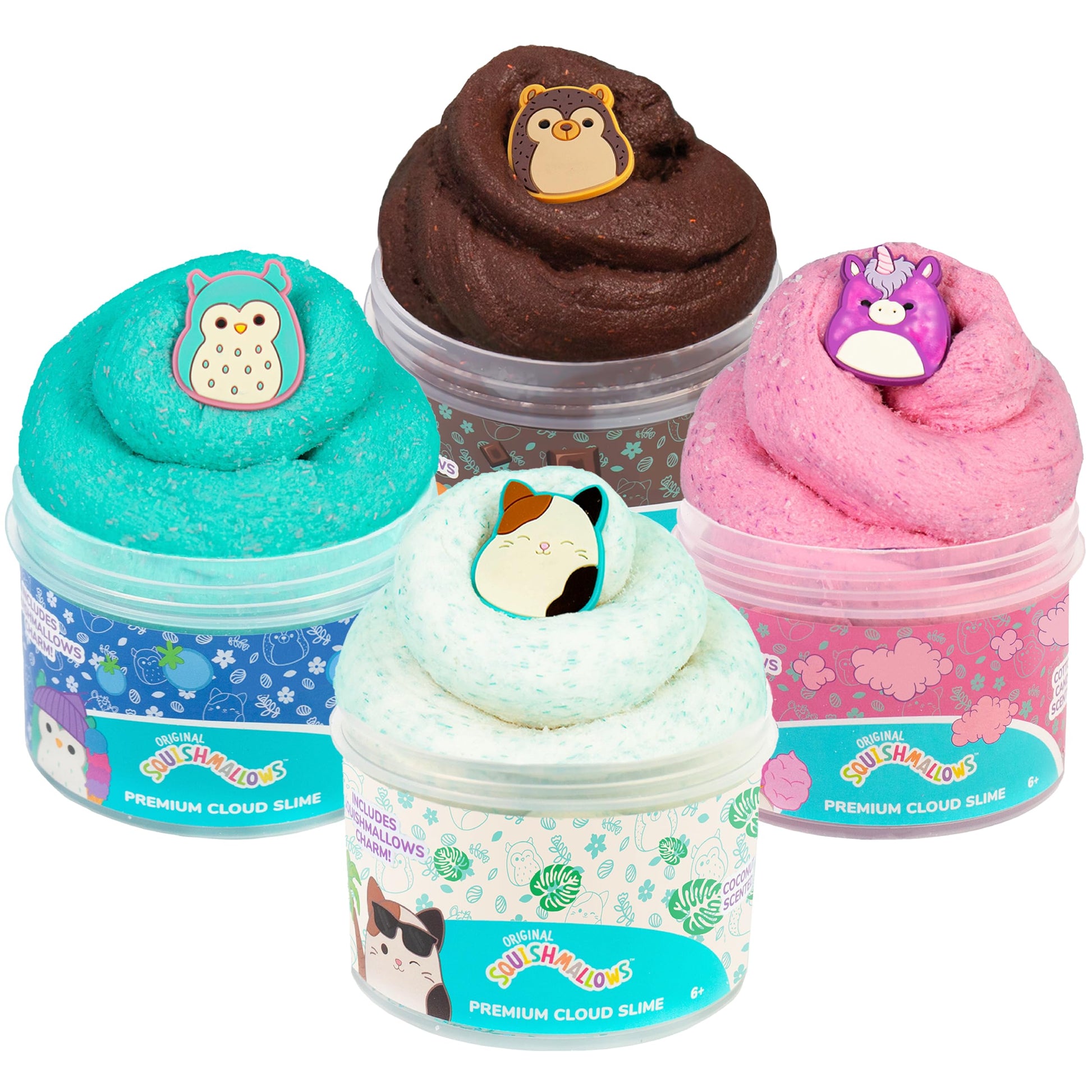 Original Squishmallows Premium Scented Slime, 4-Pack, 8 Oz. Fluffy Slime, 4 Scented Slimes, 8 Fun Slime Add Ins, Pre-Made Slime For Kids, Great 6 Year Old Toys, Super Soft Sludge Toy