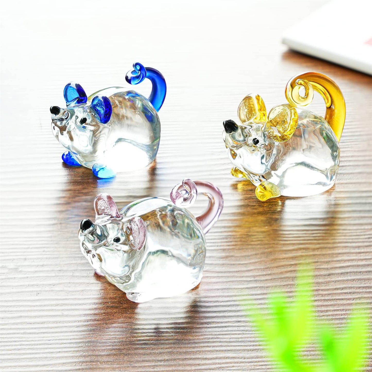 H&D Hyaline & Dora 3 Pack Glass Crystal Mouse Figurines Collectibles,Hand Blown Art Glass Animals Miniature Garden Decor Statue