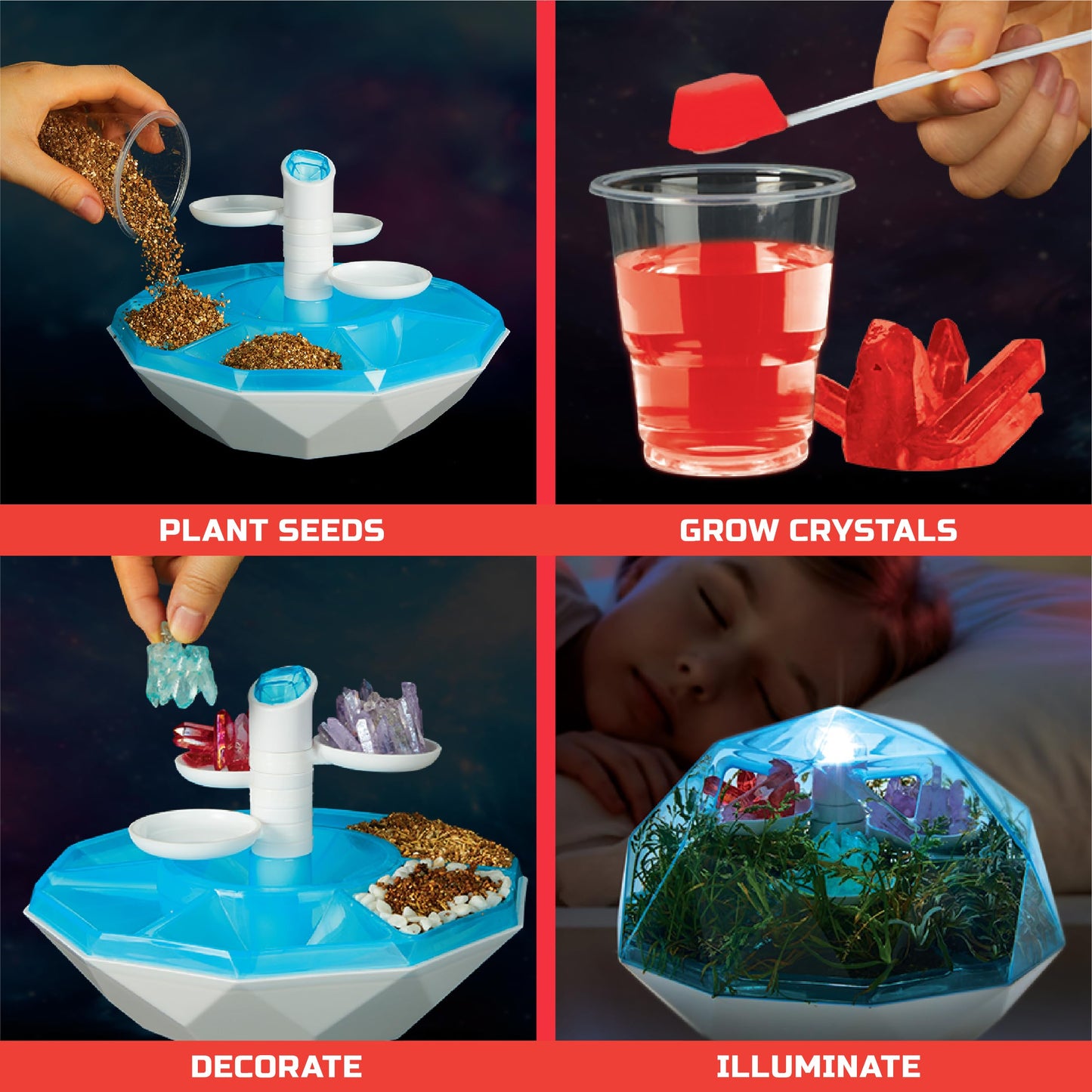 Discovery Diy Light-Up Led Terrarium - Plants & Crystals Geodome Grow Kit, 3 Colorful Crystal Formations, Rye Grass, Education S