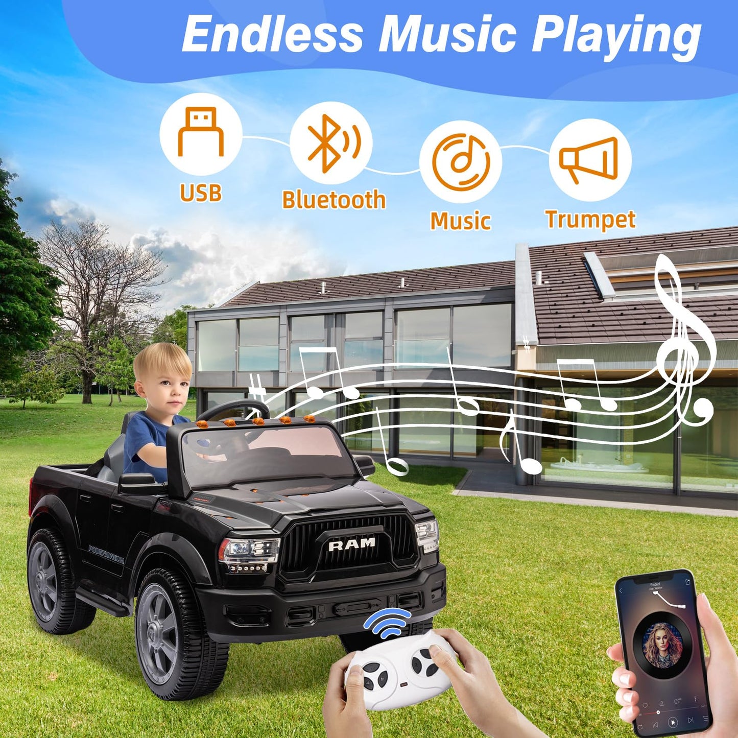 12V Ride-On Electric Truck, Licensed Dodge Ram 2500, With Remote Control, Led Light/Music/Mp3, Back Storage & Cup Holder, Kids E