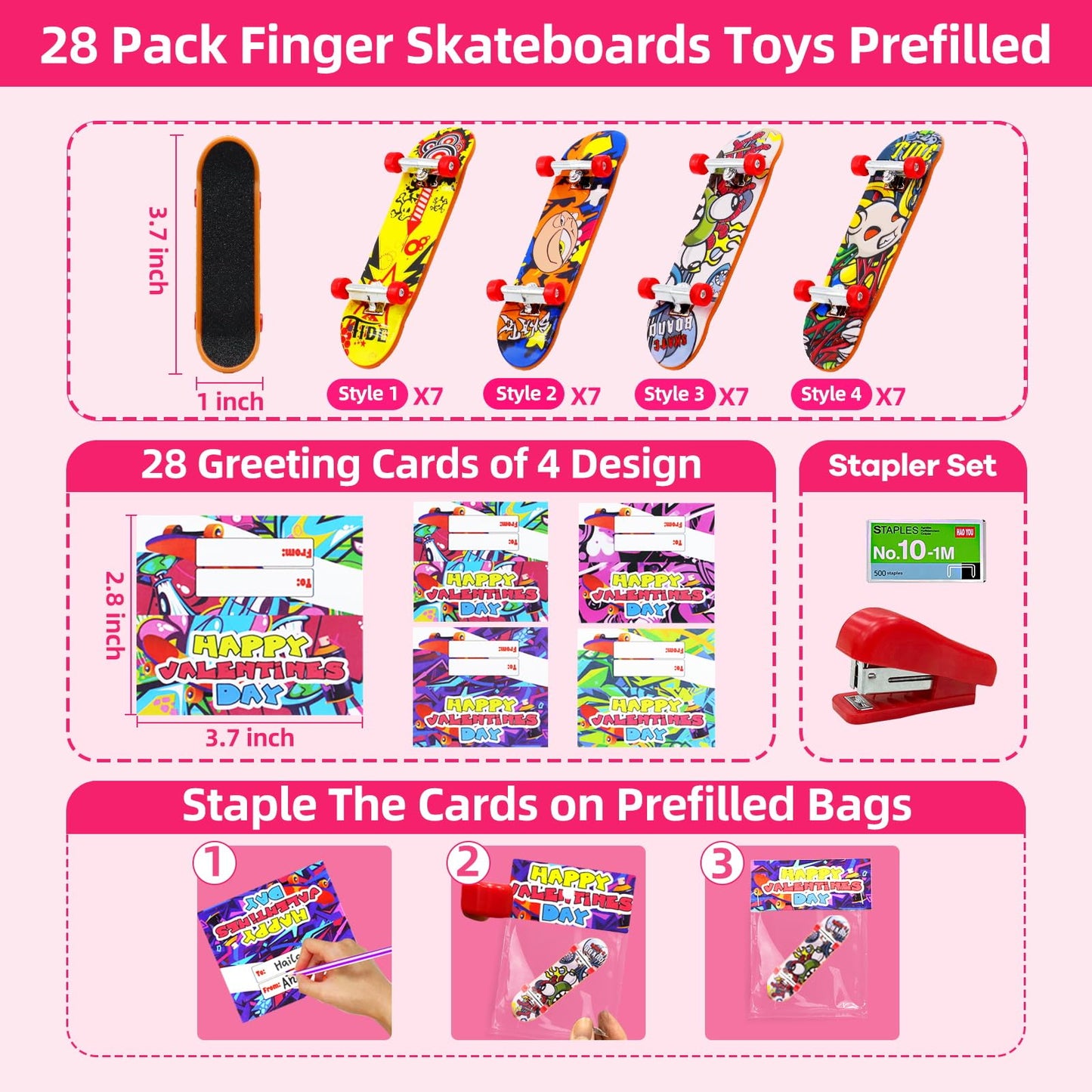 28 Pack Prefilled Valentines Cards For Kids Finger Skateboards Classroom Exchange Gifts For Student, Valentines Finger Sports Fo