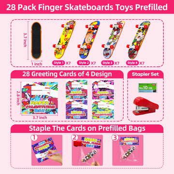 28 Pack Prefilled Valentines Cards For Kids Finger Skateboards Classroom Exchange Gifts For Student, Valentines Finger Sports Fo
