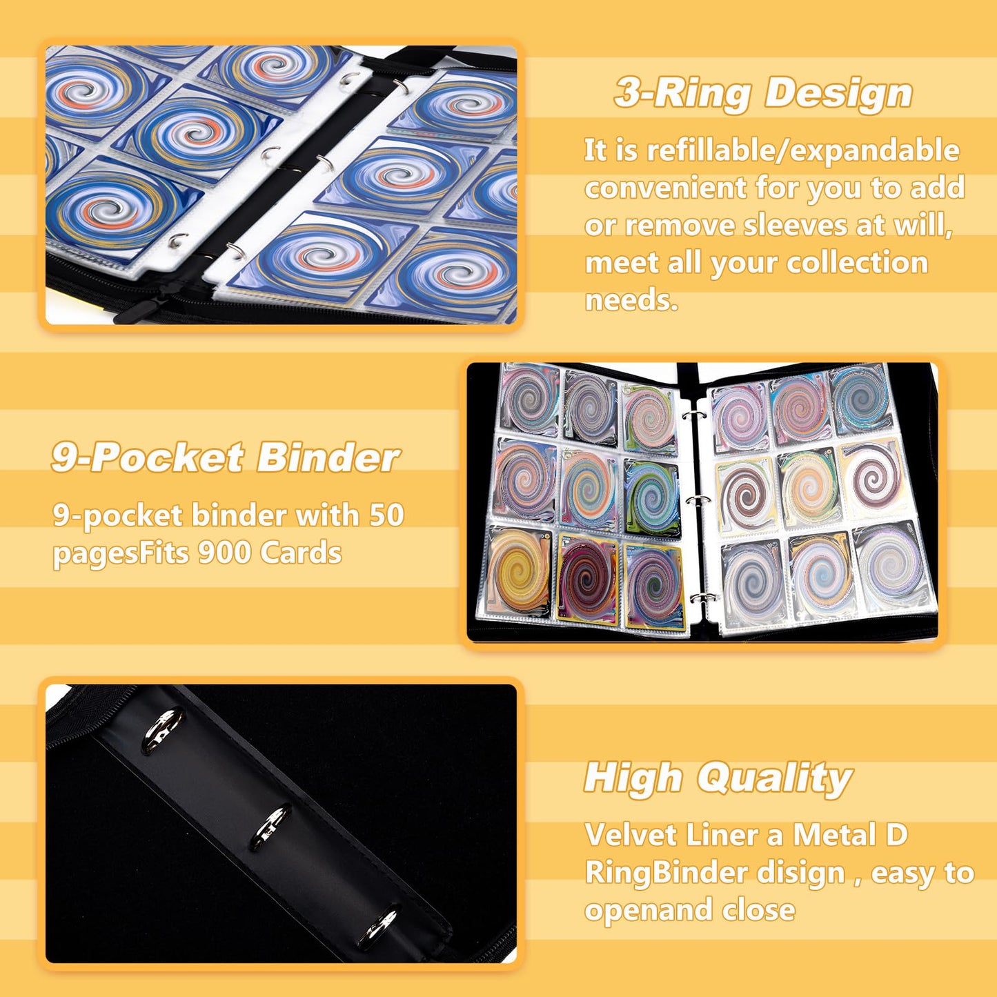 Jravkfi Card Binder 9 Pocket enhanced Trading Card Holder 900 Pockets 50-Page Double-Sided Storage Collection Book 3-ring Zipper Sports Book is A Toys Gift for Girls and Boys(Black)