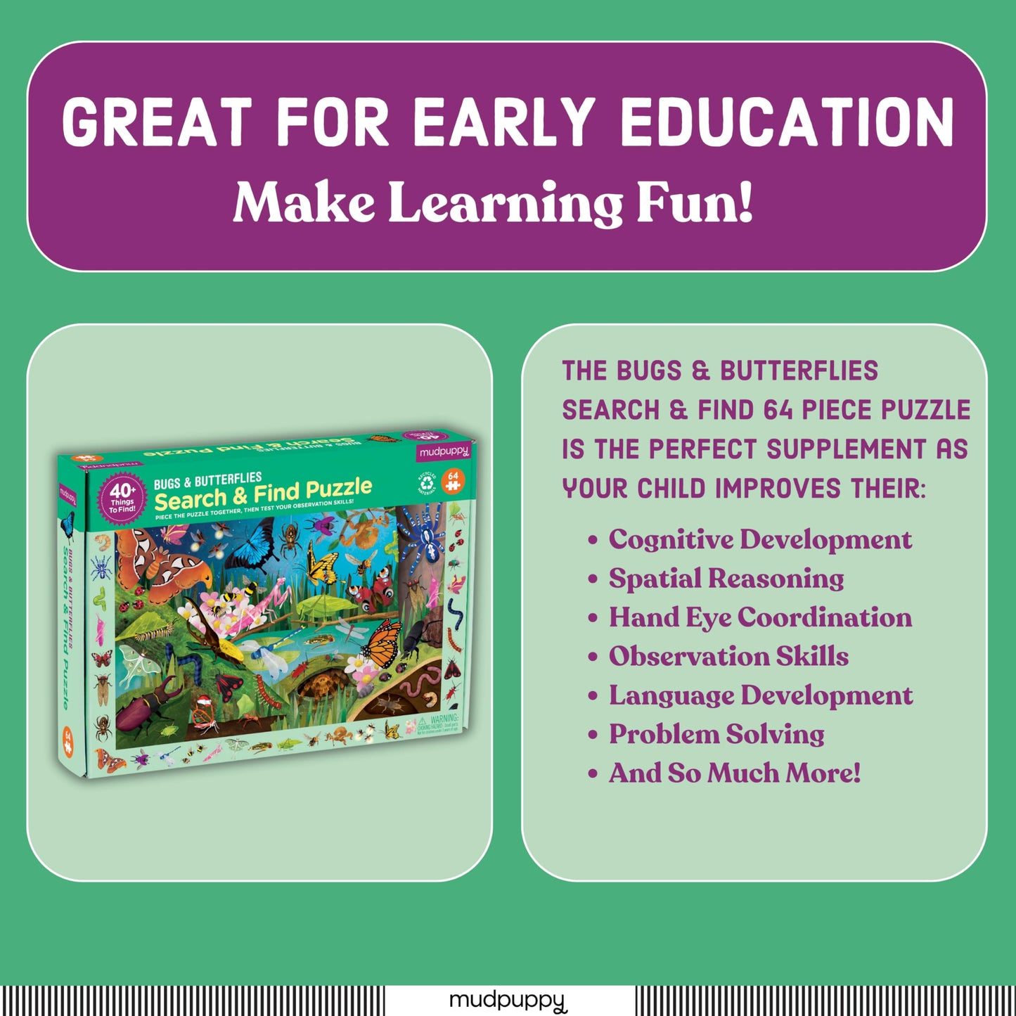 Mudpuppy Bugs & Butterflies - 64 Piece Search & Find Puzzle Jigsaw Puzzle Featuring Diverse Bugs And Insects And Over 40 Hidden