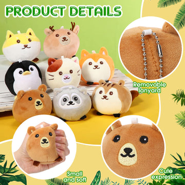 Aoriher 8 Pcs Mini Plush Animals Soft Toys 3.15 Inch Stuffed Animals Ornaments Bulk Colorful Woodland Animal Keychain Decor For