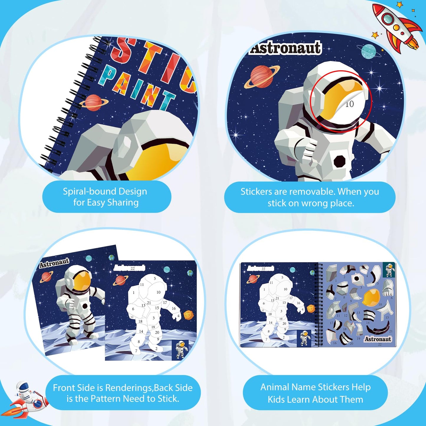 Homicozy 3Pcs Sticker Paint Books For Kids Ages 4-10,Dinosaur Astronaut Ocean Animals Designs Paint By Stickers,Sticker By Numbers,Party Birthday Gifts For Boys 4-10,Create 30 Pictures At A Time