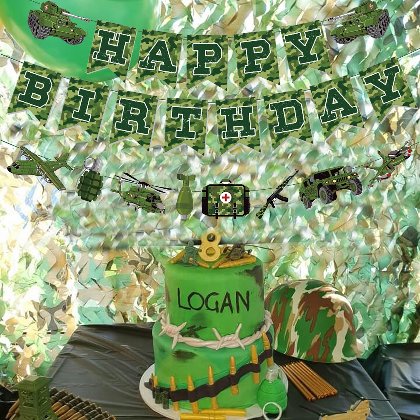Zwiebeco Birthday Party Decoration Supplies - Green Camo Happy Birthday Banner Sign Hanging Green Paper Bunting Garland Banner F
