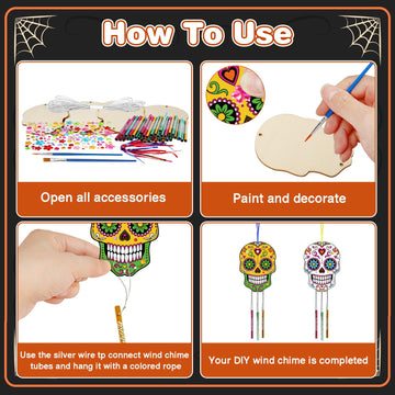 Fennoral 9 Pack Skull Wind Chime Kit For Kids Make You Own Day Of The Dead Wind Chime Hanging Ornaments Diy Coloring Wooden Hall