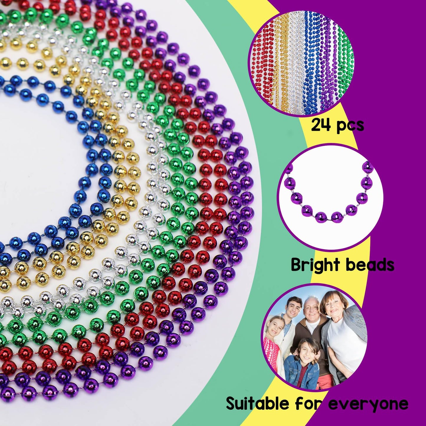 Artlunar 24 Pcs Mardi Gras Beads, 33'' 6 Colour Bead Necklace Party Favors, Festival Parade Throw Accessories For Carnival Hallo