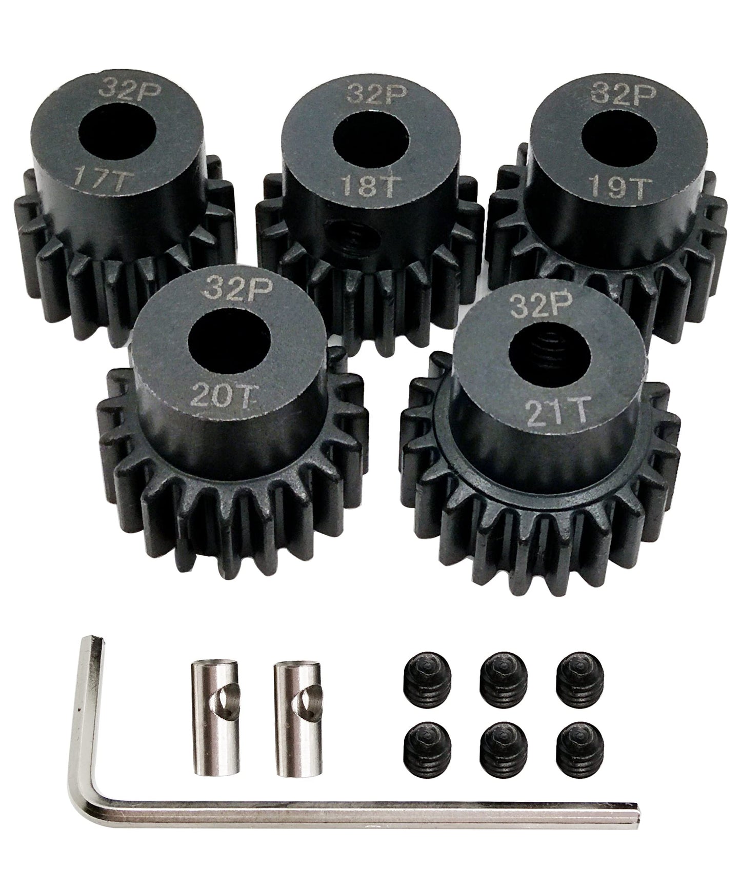 VICRAZZE 32p 5mm Pinion Gear Set 17T 18T 19T 20T 21T with 1/8 inch(3.175mm) Coupler and hex Key for 0.8 Metric Pitch RC Buggy Ca