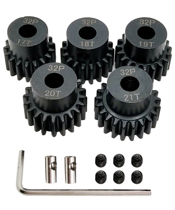 VICRAZZE 32p 5mm Pinion Gear Set 17T 18T 19T 20T 21T with 1/8 inch(3.175mm) Coupler and hex Key for 0.8 Metric Pitch RC Buggy Ca