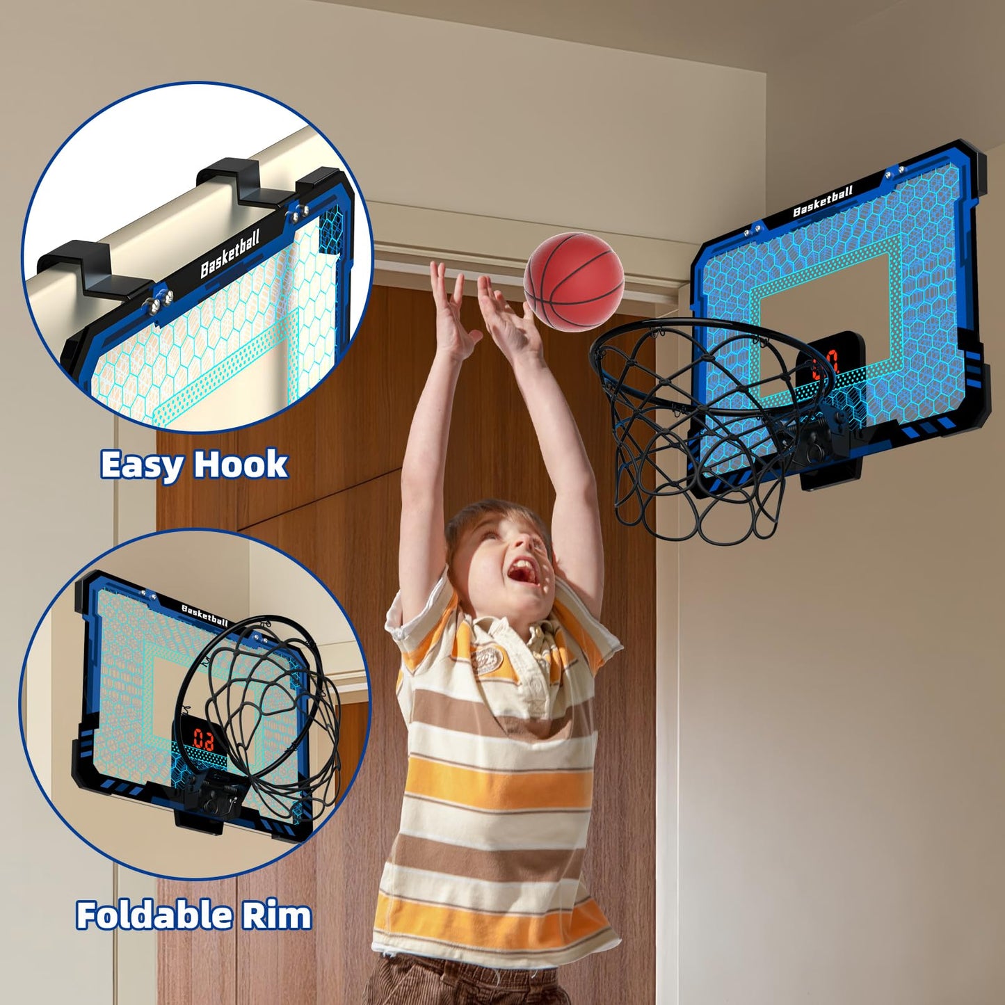 Eppo Basketball Hoop Indoor For Kids,Mini Basketball Hoop Led Light With Scoreboard,Basketball Toys For 3-12 Years Old Boys Girl