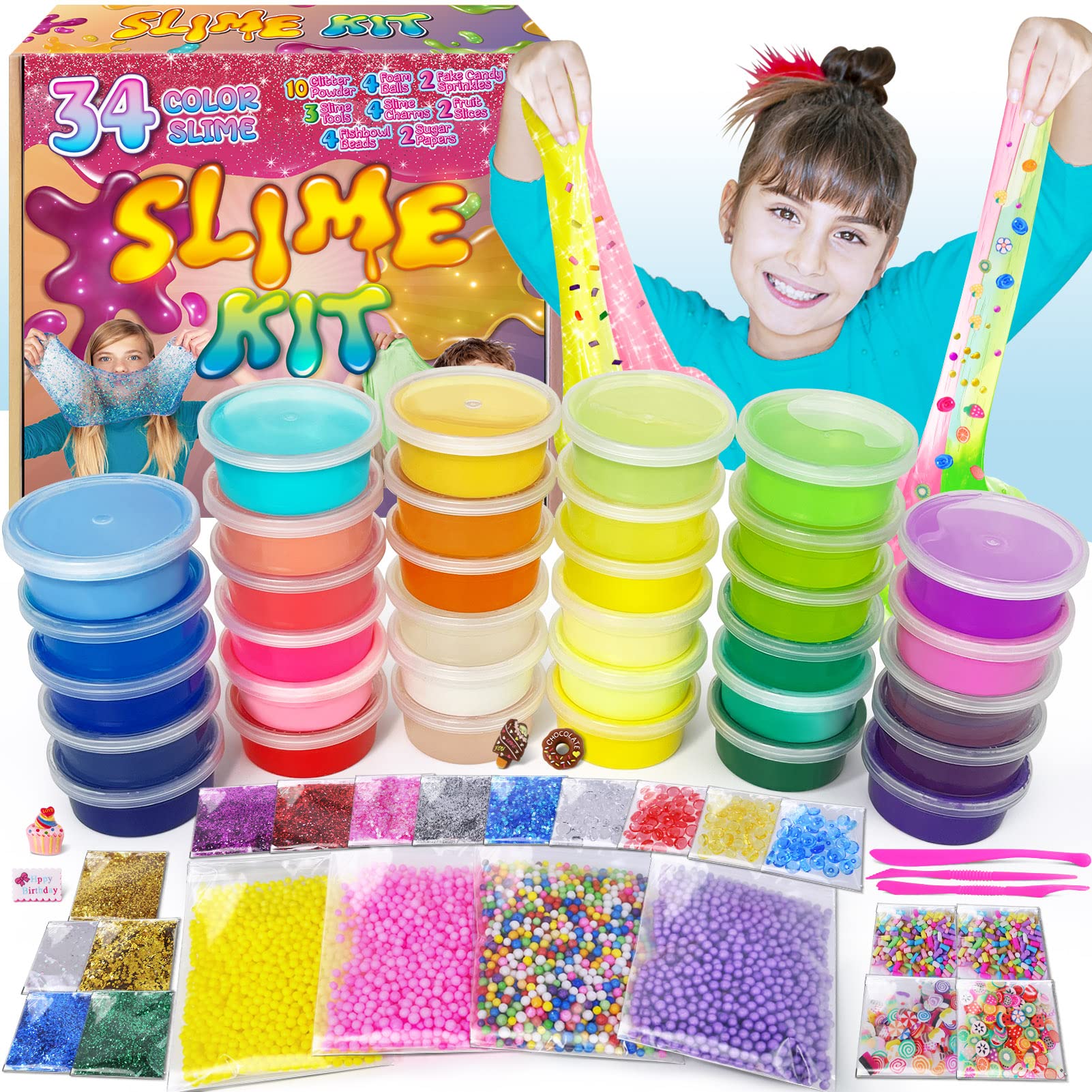 34 Cups Slime Kit For Girls Boys, Diy Slime Kit Gifts For 6 7 8 9 10+ Year Old, Butter Slime, Jumbo Slime Party Favors Gift, Crystal Slime Making Kit For Girls 10-12
