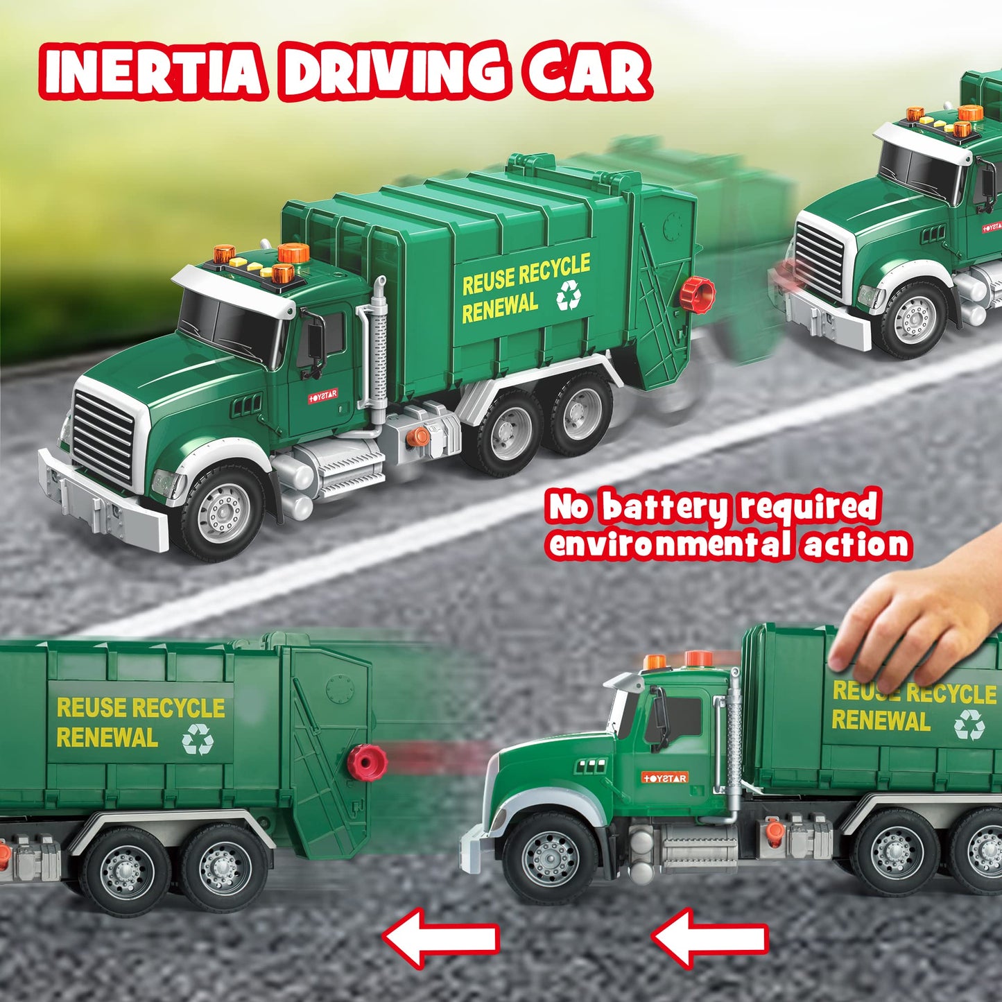 Dwi Dowellin Garbage Truck Toy - 15" Friction Powered with Lights, Sounds & 3 Trash Cans for Kids 3+ Years, Plastic, Fun Gift
