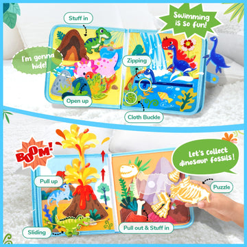 Joycat Toddler Dinosaur Busy Book, Busy Board For 2 3 4 5Year Old -Travel Toy Quiet Activity Book, Life Skills & Fun Games - Autism Sensory Toy, Toddler Easter Basket Stuffers Gifts