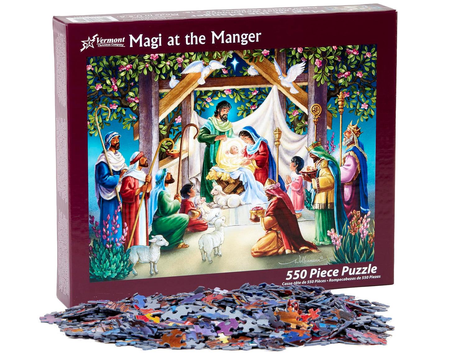 Magi At The Manger Jigsaw Puzzle 550 Piece By Vermont Christmas Company - 24'X18'- Fully Interlocking & Randomly Shaped Pieces