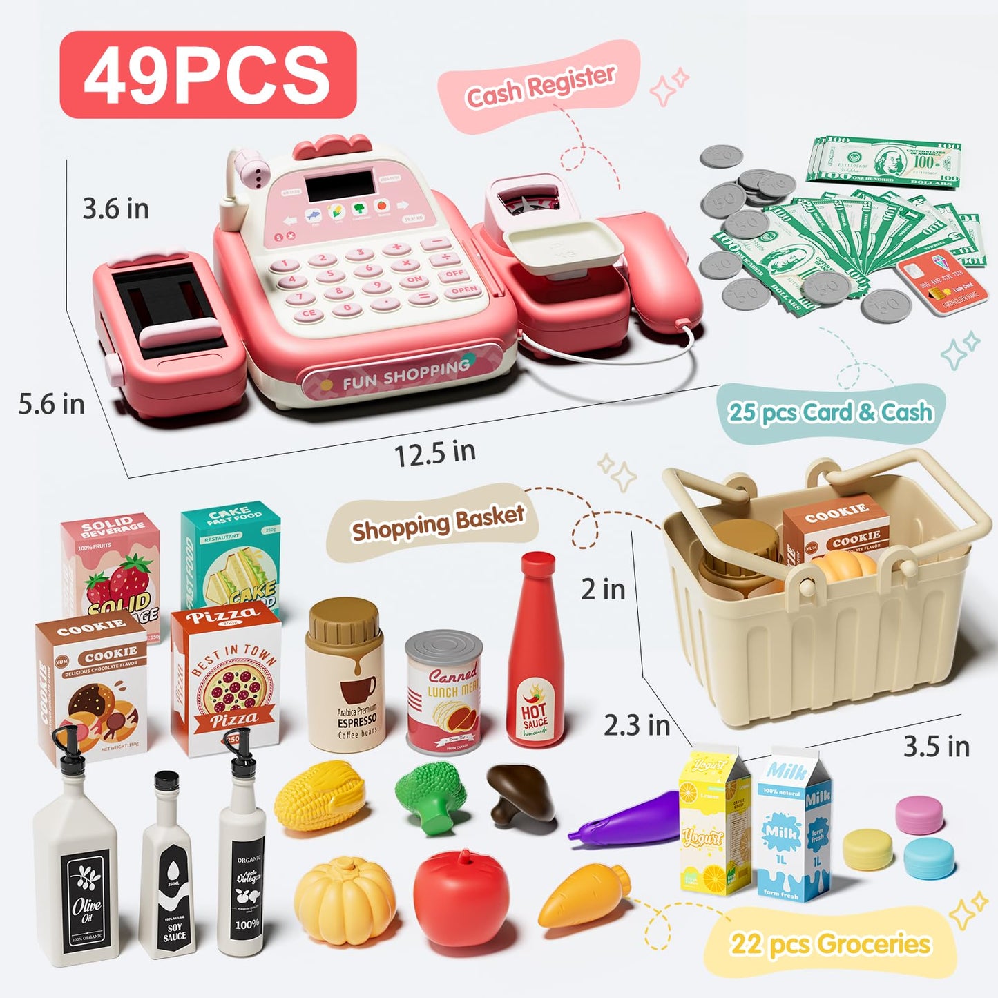 Stactcute 49Pcs Pretend Play Cash Register Toy Set For Kids With Real Calculator,Scanner,Microphone,Conveyor Belt,Weighing Tool,