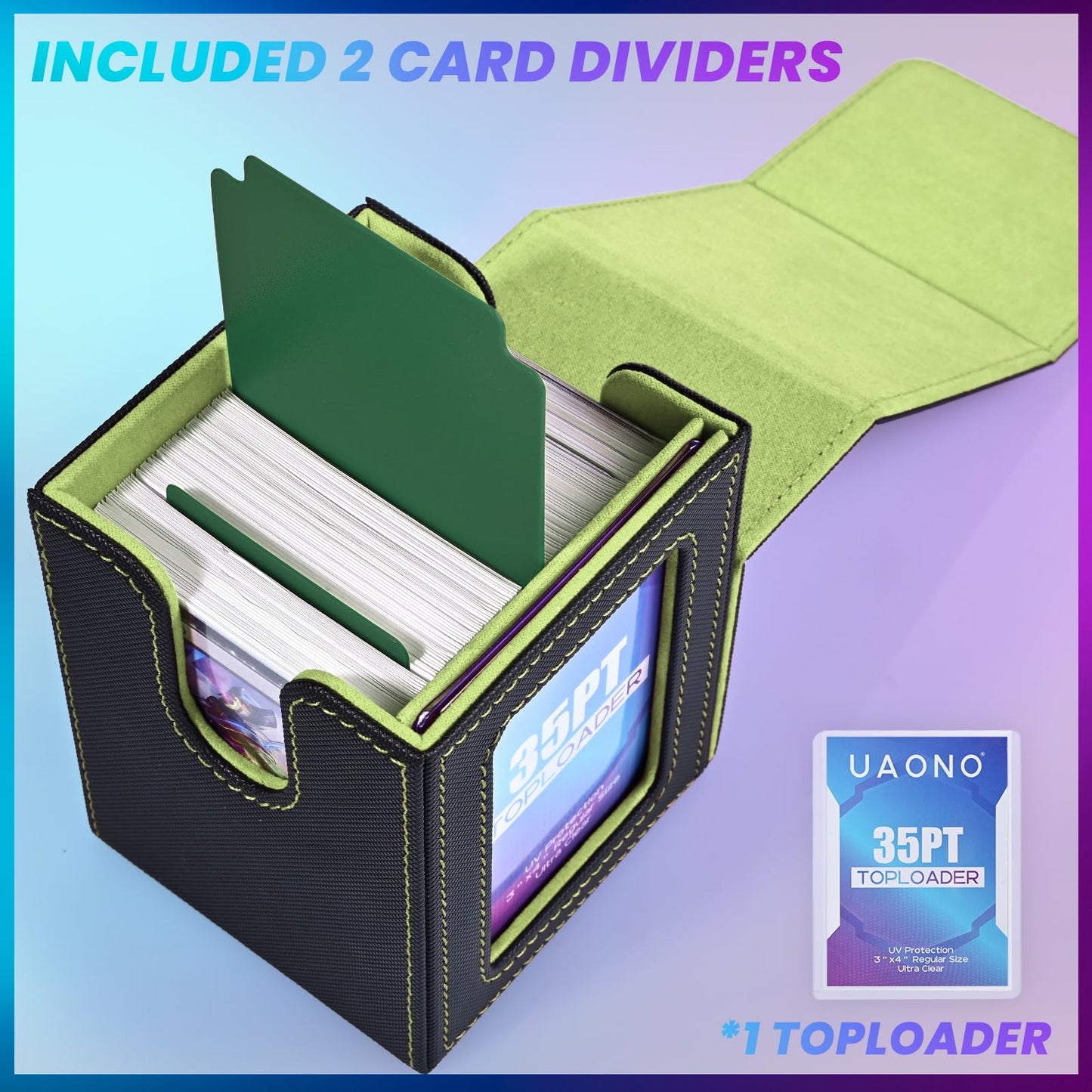 Uaono Card Deck Box With Mtg Commander Display, Deck Case Holds 100+ Double-Sleeved Cards, Trading Card Storage Box Fits Tcg/Ptcg/Sports Card With 2 Dividers, 1 Toploader (Black, Lemon Green)