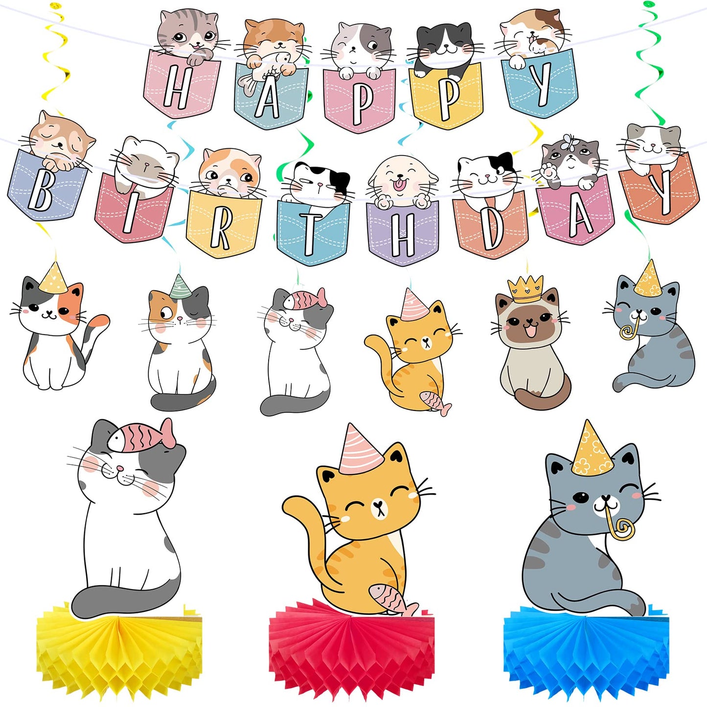 Chinco 16 Pcs Cat Theme Birthday Party Decorations Party Supplies Kit, Includes Cat Party Banner With 6 Hanging Cutouts 6 Hanging Swirl Decor And 3 Birthday Honeycomb Party Decoration(Cartoon Style)