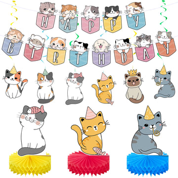 Chinco 16 Pcs Cat Theme Birthday Party Decorations Party Supplies Kit, Includes Cat Party Banner With 6 Hanging Cutouts 6 Hanging Swirl Decor And 3 Birthday Honeycomb Party Decoration(Cartoon Style)