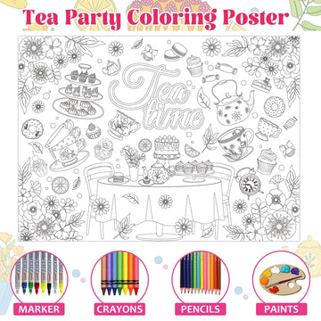 Naozinebi Tea Party Coloring Poster For Kids Giant Coloring Poster Large Flower Tea Time Coloring Tablecloth Jumbo Coloring Book