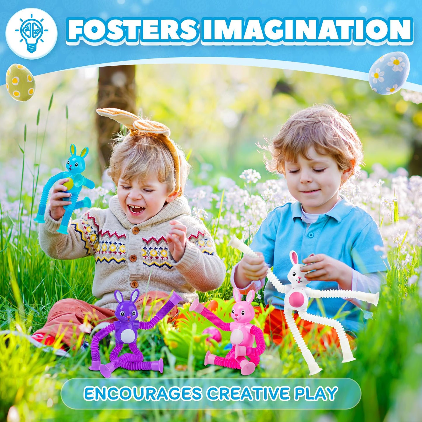 4 Pcs Easter Bunny Pop Tube Sensory Toys,Easter Basket Stuffer for Toddler Kids Boy Girls,Bunny fidgets Suction ADHD Autism Toy,